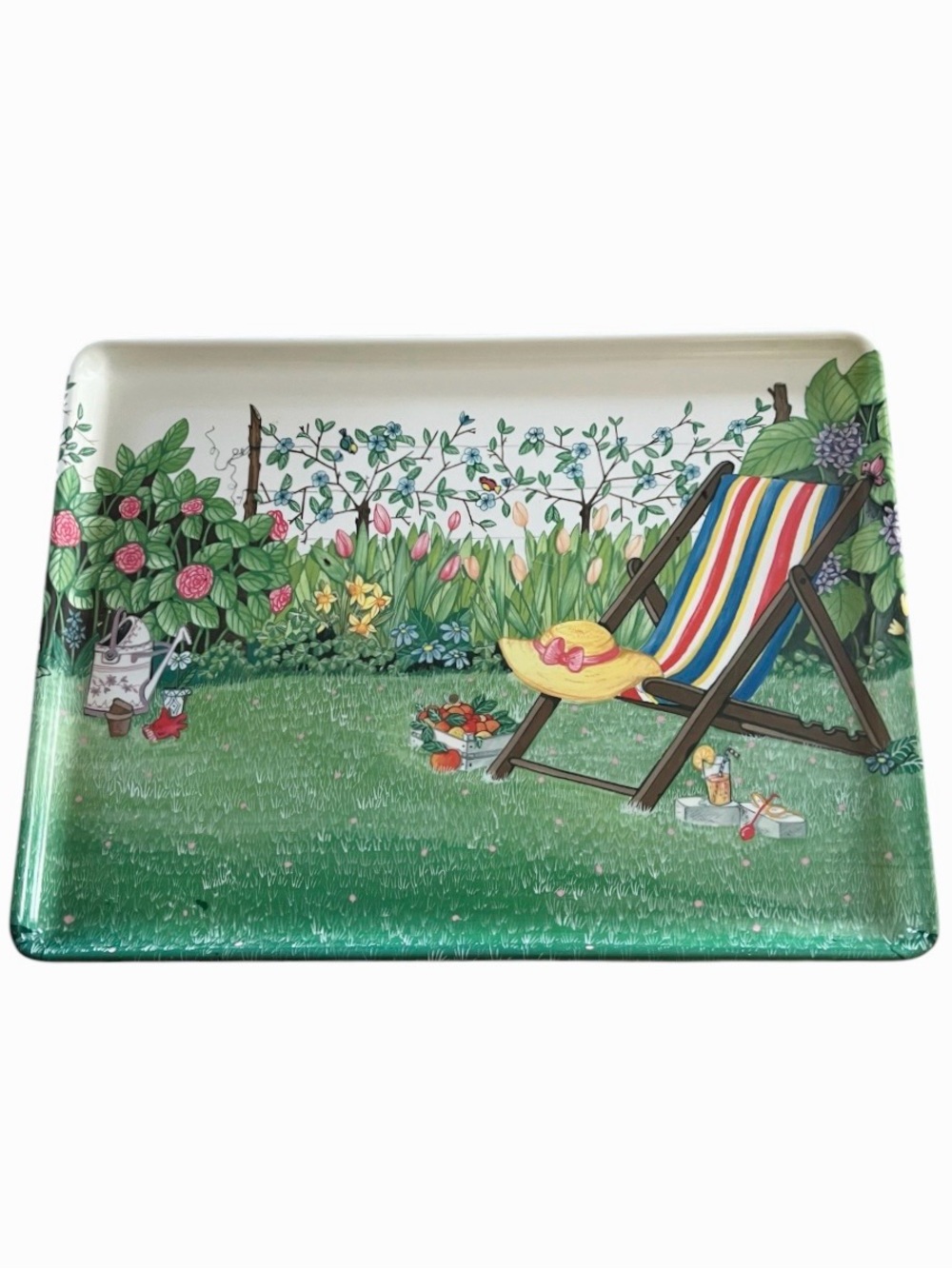 Vintage Melamine Tray Garden Scene Beach Chair Hat Flowers Fruit Basket Italy